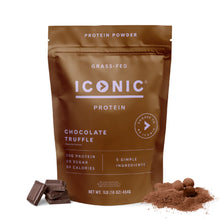 Load image into Gallery viewer, ICONIC sugarfree chocolate truffle protein powder in a brown bag on a white background