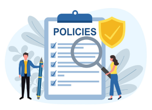 illustration of employees with magnifying glass next to a clipboard with policies