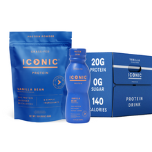 Load image into Gallery viewer, ICONIC Vanilla Protein Lover's Bundle: 1 lb. Vanilla Bean Protein Powder + 12 Bottles Vanilla Bean Protein Shake. 20g Protein per serving, 0g sugar per serving. Calories vary.